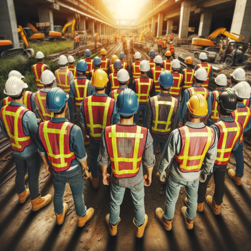 A construction team in uniform workwear, representing team unity and the psychological impact of uniformity in the construction industry.