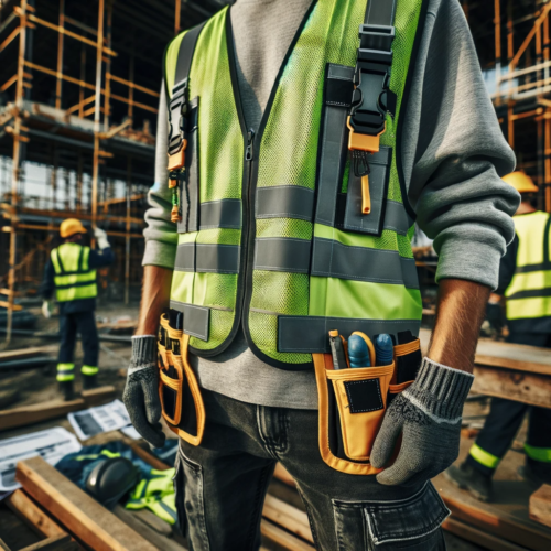 Close-up details of the safety and functionality aspects of construction workwear, demonstrating their importance on a construction site.