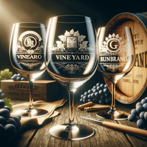 Custom wine glasses enhancing vineyard branding in an elegant setting.
