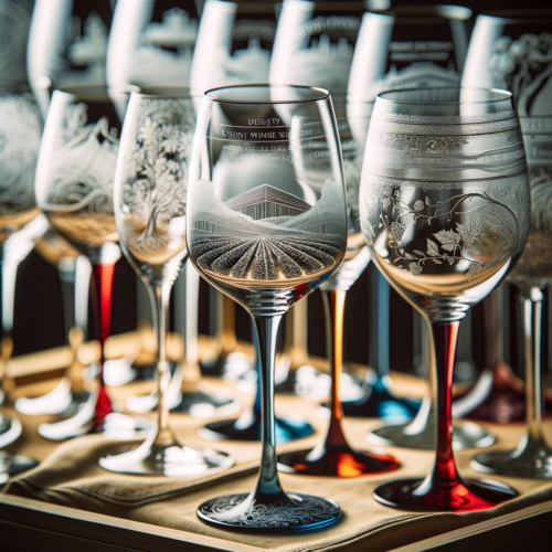 Close-up of custom wine glasses highlighting diverse design elements for vineyards.