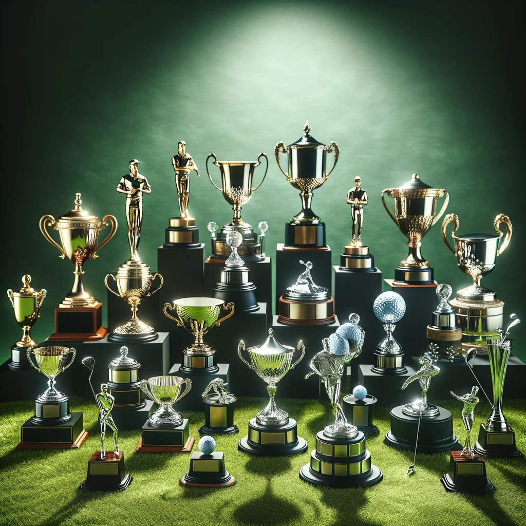 A diverse collection of golf trophies, showcasing traditional cups, modern sculptures, and elegant crystal awards for tournaments.
