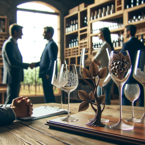 Meeting between vineyard representative and custom wine glass supplier, showcasing collaboration.
